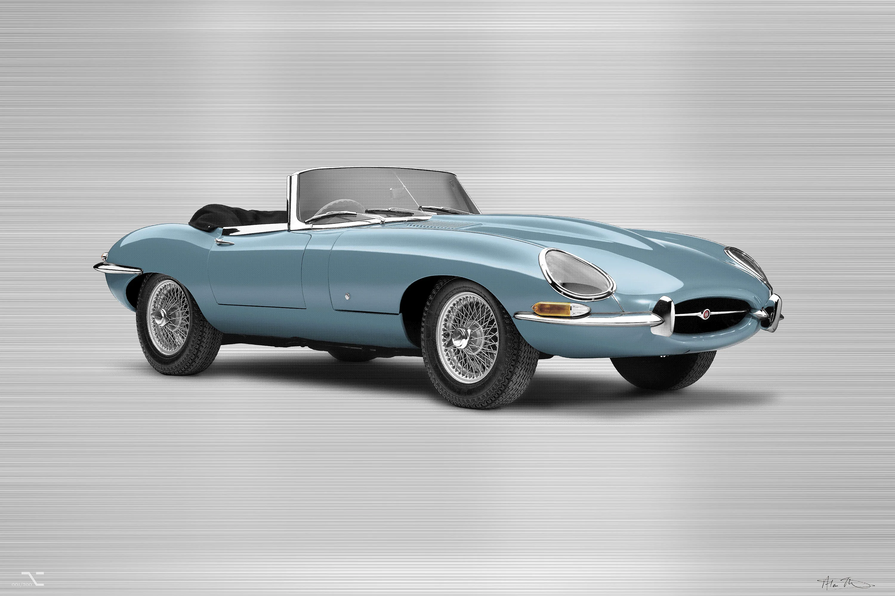 Jaguar E-type Series 1 Roadster - 85cm Half Tone Flat Bed Print - Three Quarter View - Image 2
